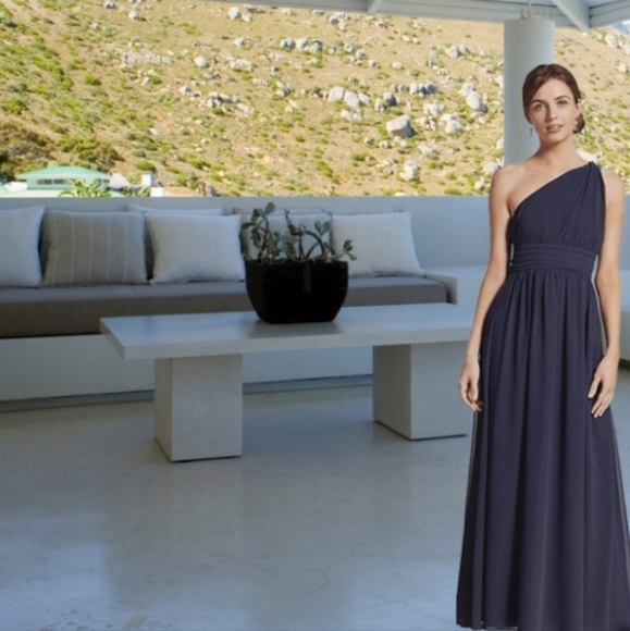 Tevolio One-Shoulder Navy Blue Chiffon David's Bridal Bridesmaid Party Dress 14 - Picture 2 of 10